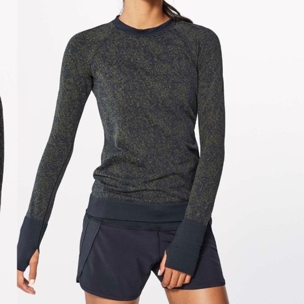 Lululemon Rest Less‎ Pullover Sweater Black Heathered Armory Thumbholes Sz 12